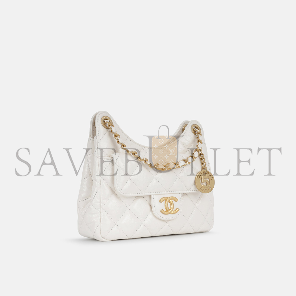 CHANEL MASTER WHITE SHINY CRUMPLED CALFSKIN HOBO BAG SMALL AGED GOLD HARDWARE (19*17*16cm)